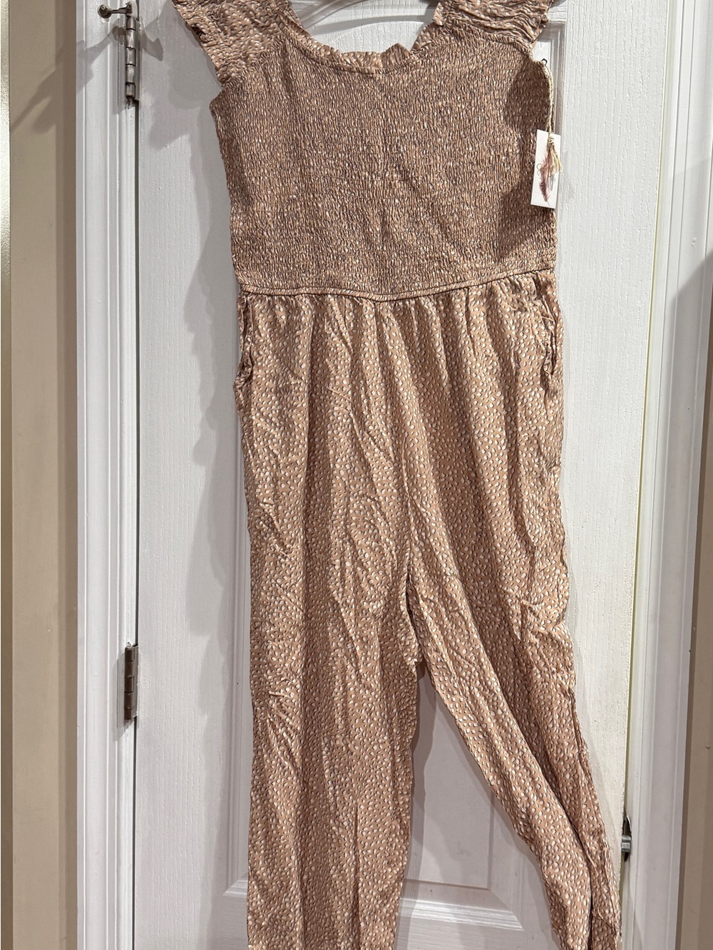 Jessica Simpson Shimmery Taupe Smocked Jumpsuit
